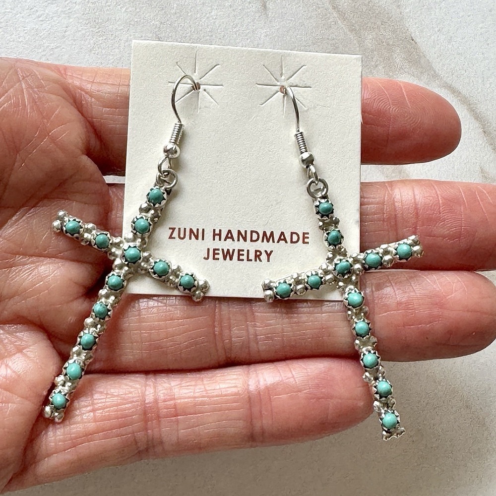 Native American Cross Earrings Zuni Sleeping Beauty Turquoise Sterling Silver - Picture 8 of 8